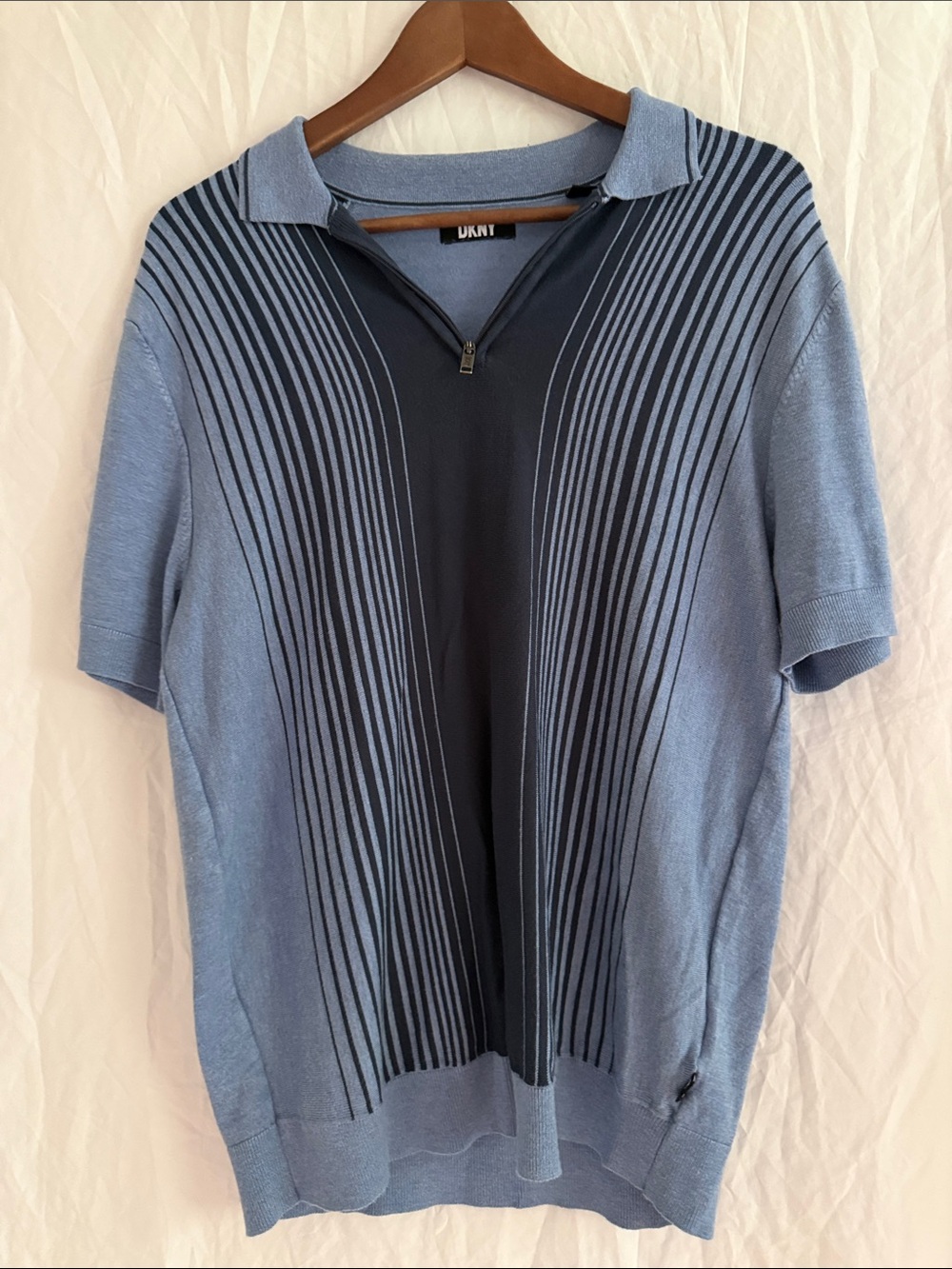 DKNY Men’s Light Blue & Navy Vertical Stripe Zip Polo